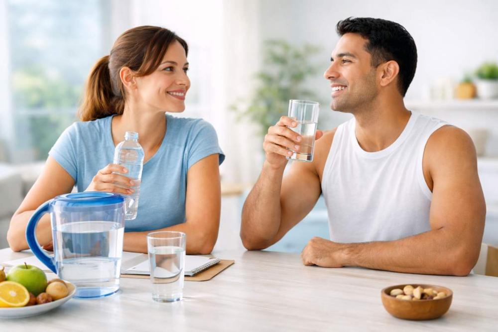 Casal de adultos em ambiente doméstico bebendo água juntos, representando a importância de beber água na quantidade ideal de acordo com o peso corporal para manter uma hidratação saudável.